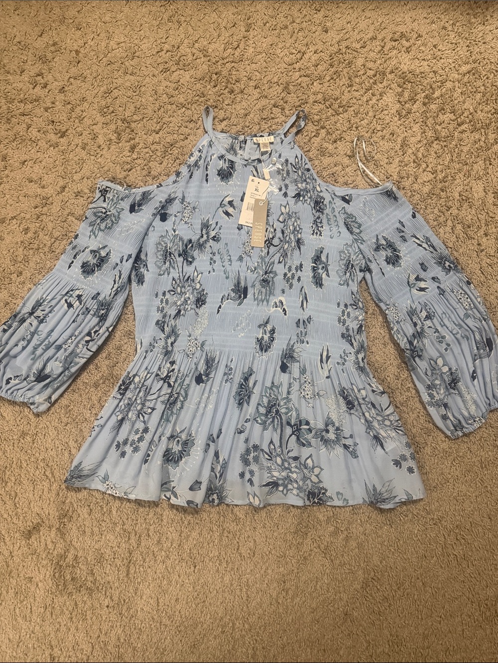 NWT Spense Blue Floral Pleated Cold Shoulder Peplum Blouse Top XL $62